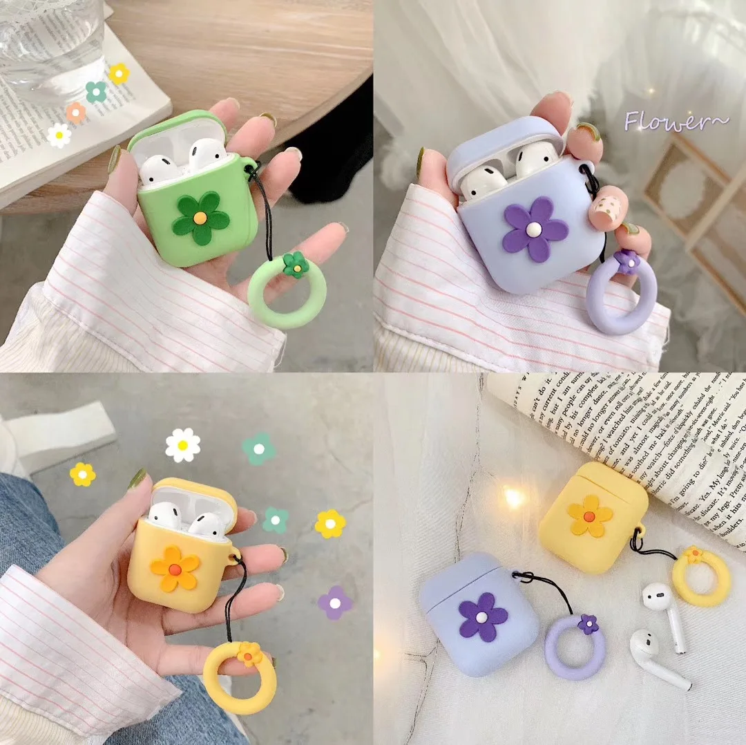 

Bluetooth Earphone Case For Airpods 2 Cute Accessories Protective Cover Anti-lost Strap Fllower Design Silicone Candy Colors