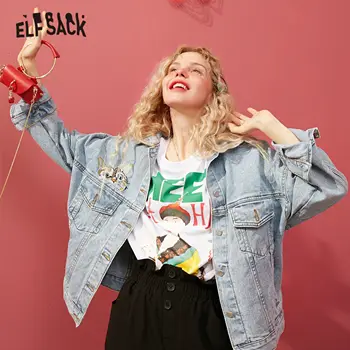 

ELFSACK Blue Solid Cat Embroidery Washed Loose Casual Women Short Jacket 2020 Spring Single Breasted Korean Ladies Daily Outwear