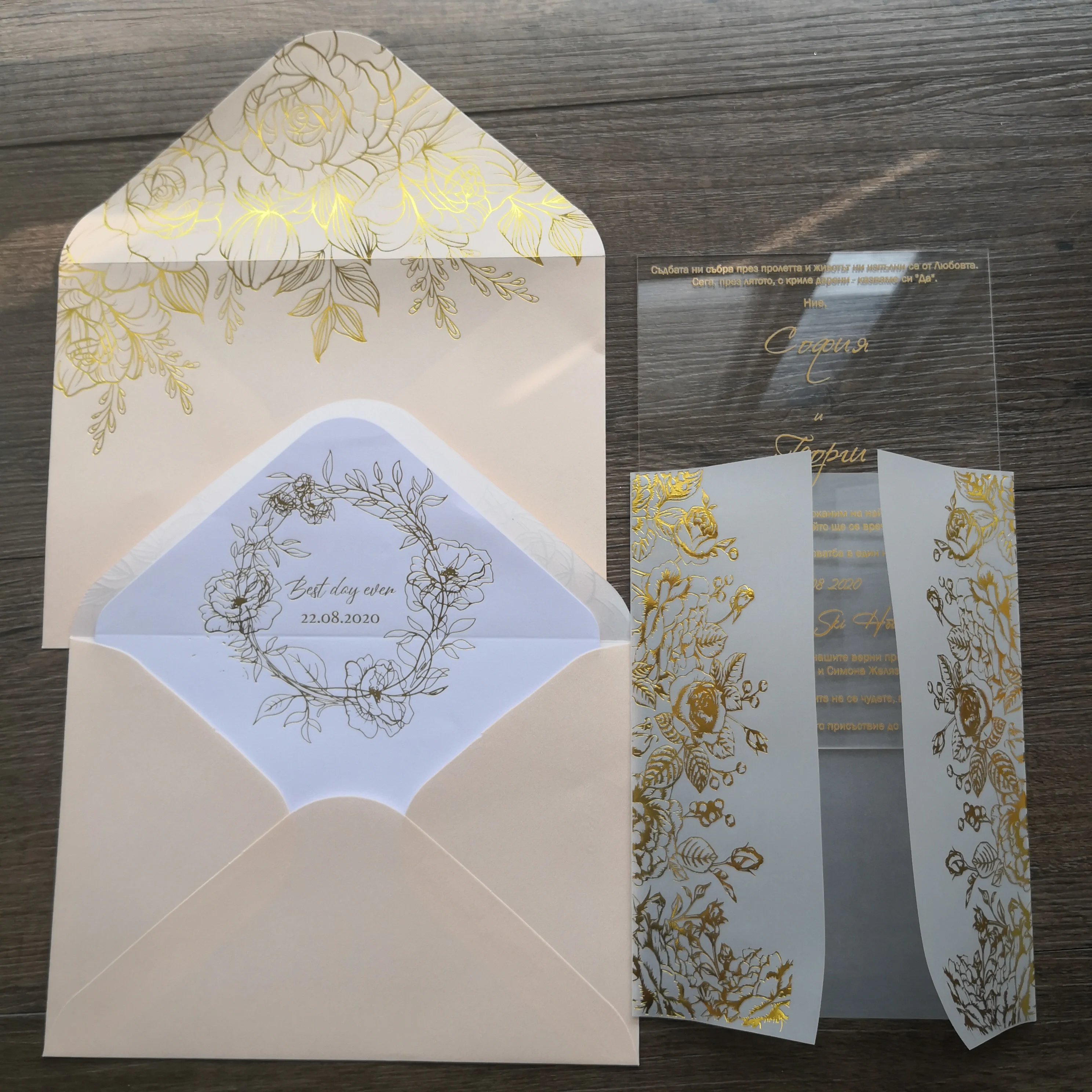 Personalized foil printing vellum invitation with acrylic