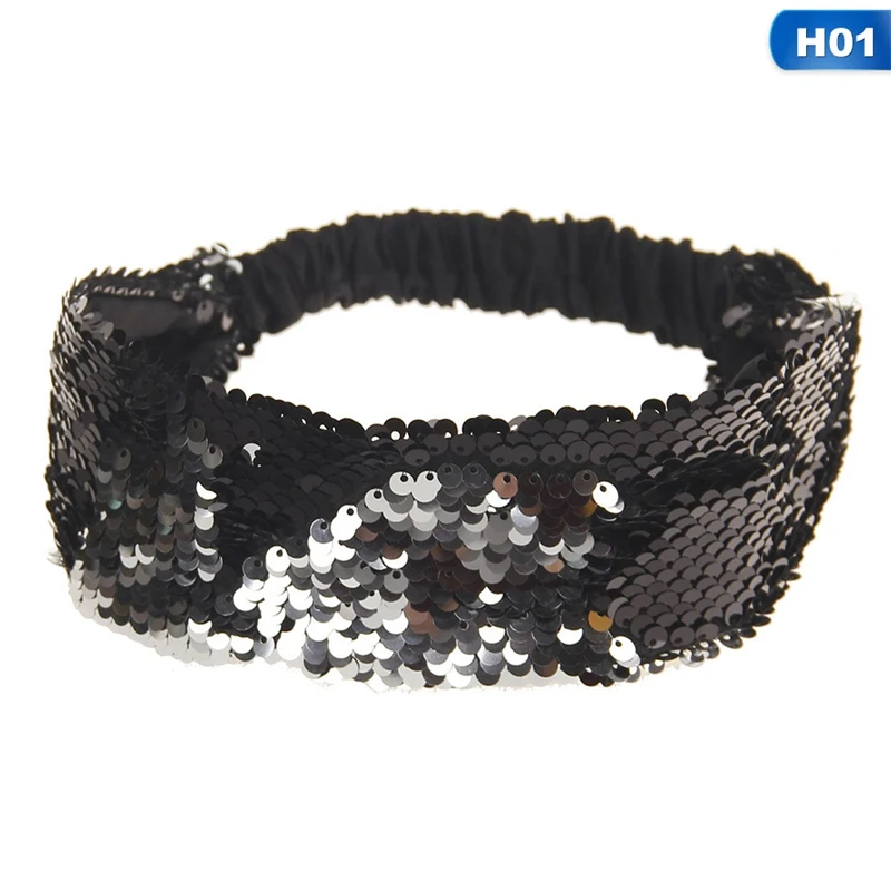 Reversible Sequin Girls Headband Mermaid Elastic Fabric Hairband Summer Style Wide Head Band For Female Women Hair Accessories - Цвет: H01