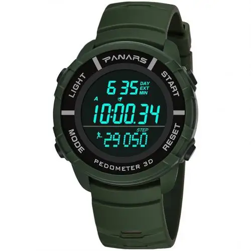 Army Green Мужские модные водонепроницаемые спортивные наручные часы с шагомером, календарем и секундомером,, модные мужские часы с большим циферблатом Mil - Цвет: Army Green