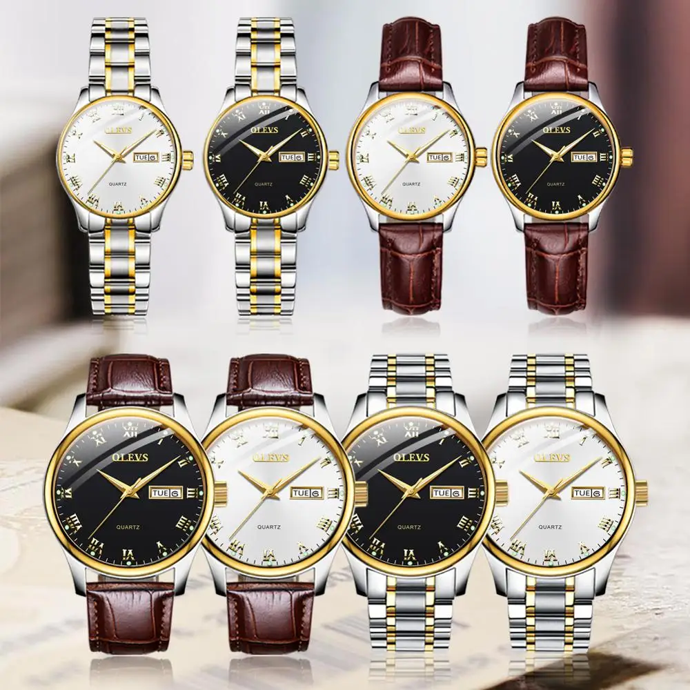 Часы для влюбленных, кварцевые часы для мужчин и женщин, роскошные часы от ведущего бренда OLEVS, водонепроницаемые часы, модные светящиеся часы с кожаным ремешком, новинка, uhr