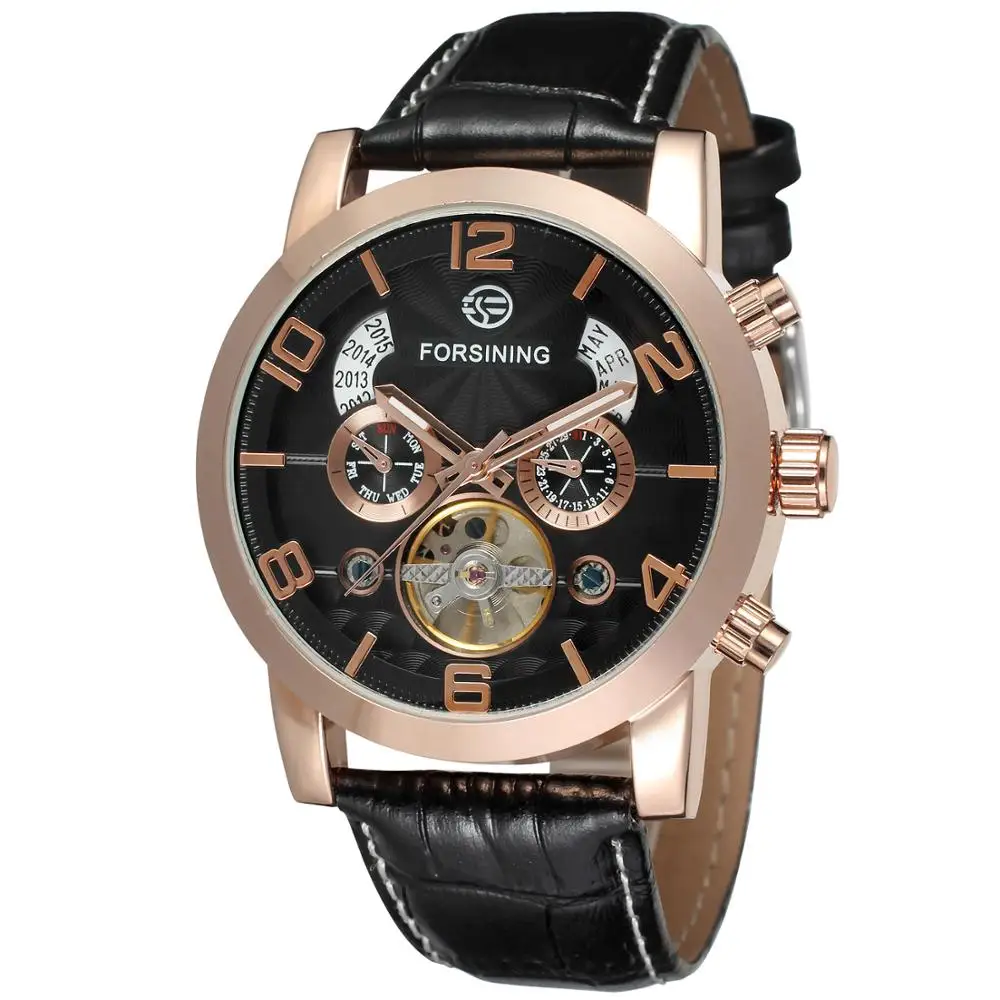 

Forsining Brand Tourbillion Fashion Watch Top Rose Golden Clock Multi Function Display Mens Leather Automatic Mechanical Watches