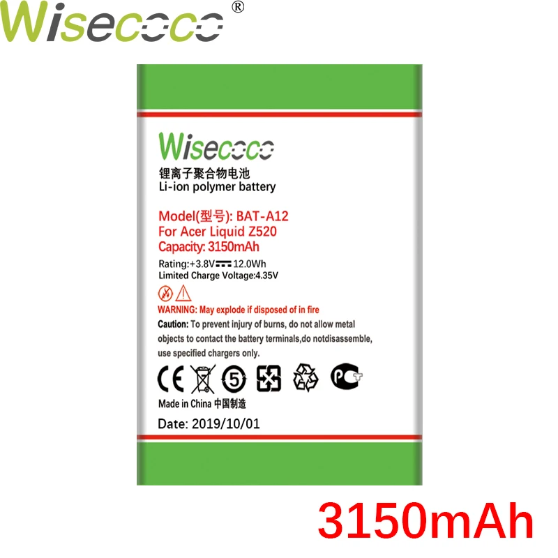 Wisecoco 5 шт./лот, Bat-A12, 3150 мА/ч, новинка, аккумулятор для acer Liquid Z520, две sim-карты, сменная батарея+ номер отслеживания
