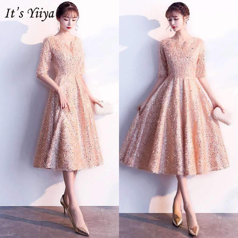 

It's YiiYa Cocktail Dresses 2019 Half-sleeves Sequined Tassel Formal Dresses Evening Party Elegant Slim A-line Knee-Length E322