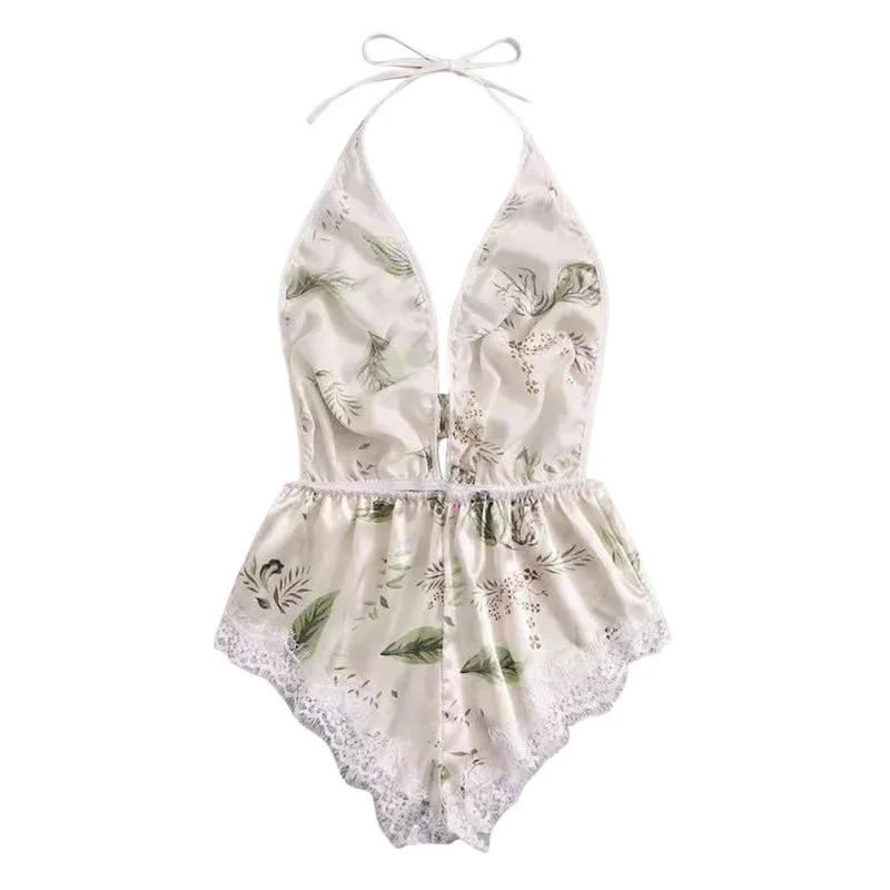 

Sexy Women's Clothing V-neck Lace Lingere Sexy Stitching Camisole Sleeveless Printed One-piece Pajamas Sleepwear 2020
