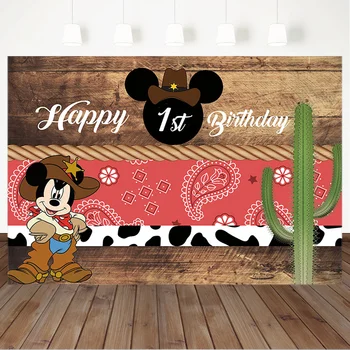 

Cartoon Mouse 1st Birthday Backdrop Custom Children's First Birthday Party Photo Background Rustic Wood Dessert Table Decoration