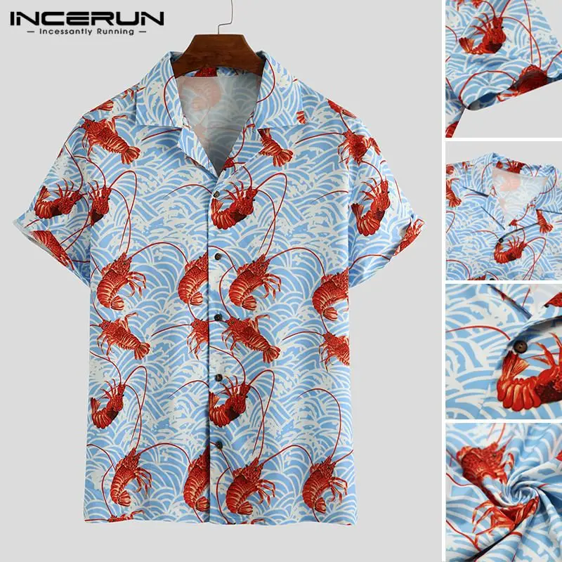 INCERUN Man Loose Short Sleeve Lapel Shirts Men Lobster Printed Shirts Summer Hawaiian Beach Shirt Casual Vocation Tops S-3XL INCERUN Man Loose Short Sleeve Lapel Shirts Men Lobster Printed Shirts Summer Hawaiian Beach Shirt Casual Vocation Tops S-3XL
