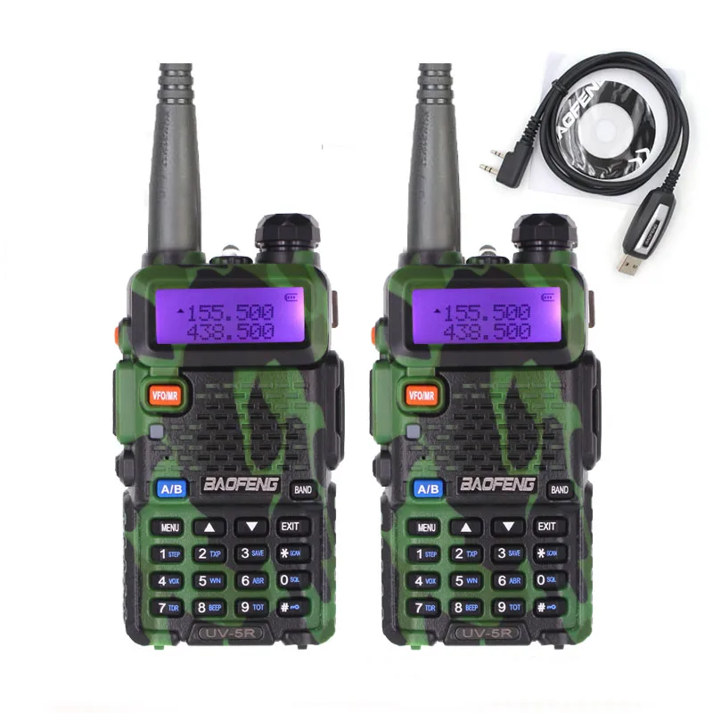 2 шт BaoFeng UV-5R Walkie Talkie Camo 5 Вт двухдиапазонный 136-174 МГц/400-520 МГц UV5R 128CH VOX фонарик FM трансивер для радиолюбителей - Цвет: UV-5R-Camo-2pcs-USB
