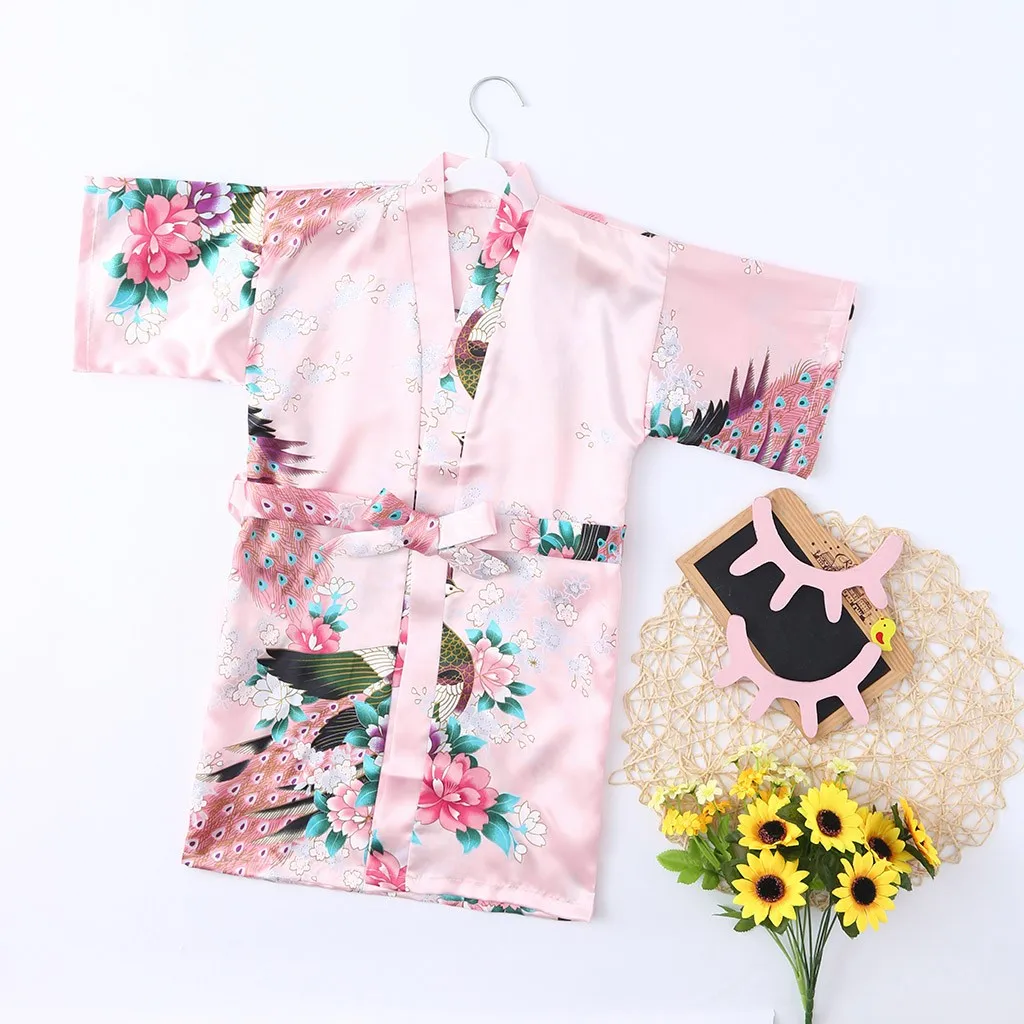 Pajamas Summer Children's Nightgown Toddler Baby Kid Girls Floral Silk Satin Kimono Robes Bathrobe Sleepwear Clothes халат
