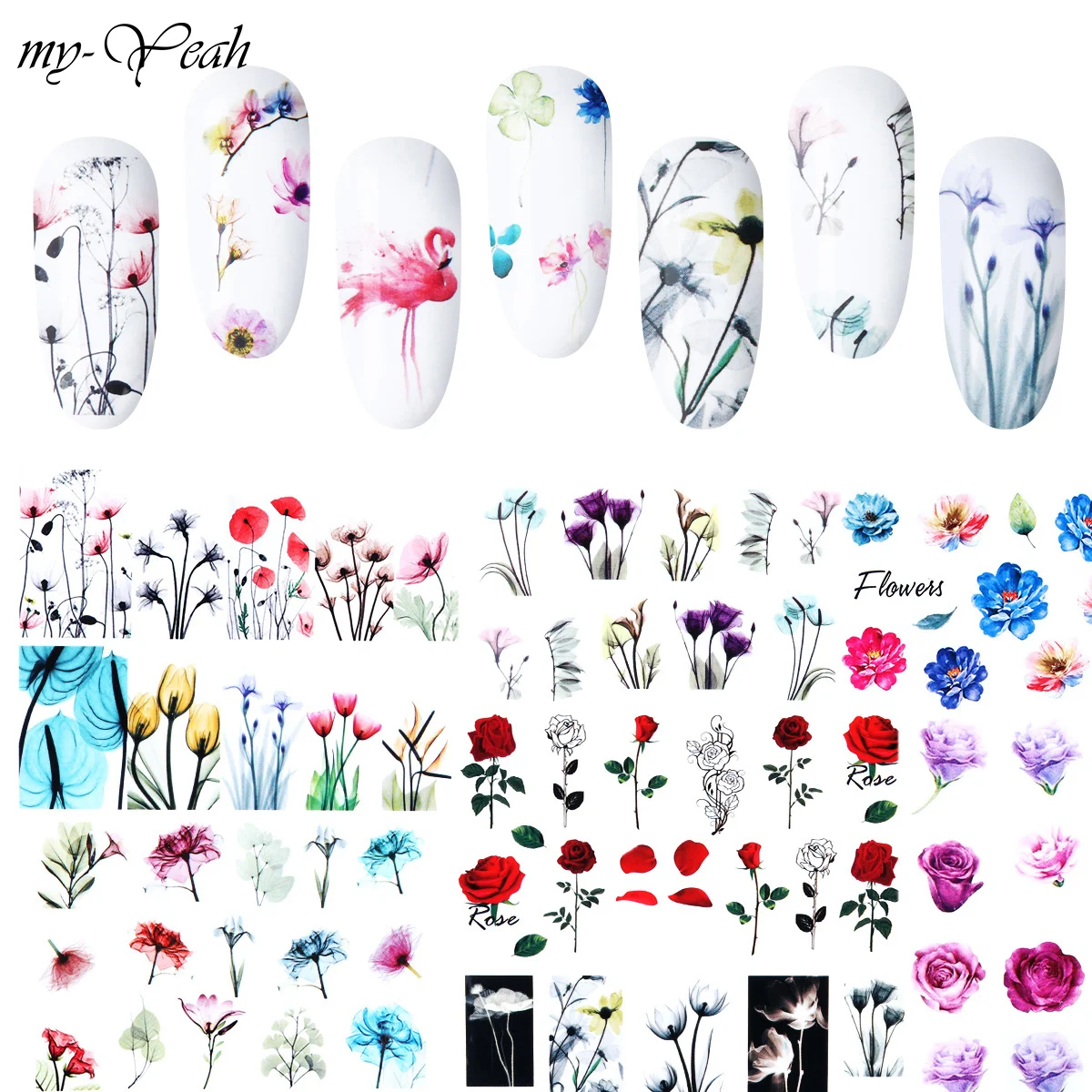 My-Yeah 24 листа Фламинго ногти, декорирование, цветы серии переводные наклейки элегантный узор Переводные картинки с бабочками водяной знак DIY декоры