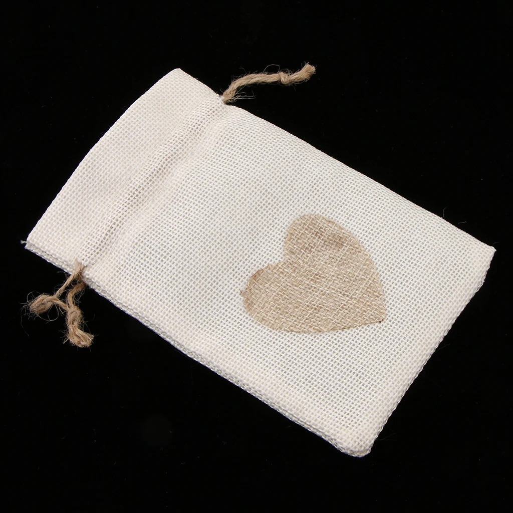 10 PCS Natural Burlap Jute Drawstring Pouches with Love Heart Print Party Wedding Favor Gift Bags - 10x15 cm / 4x6 inch