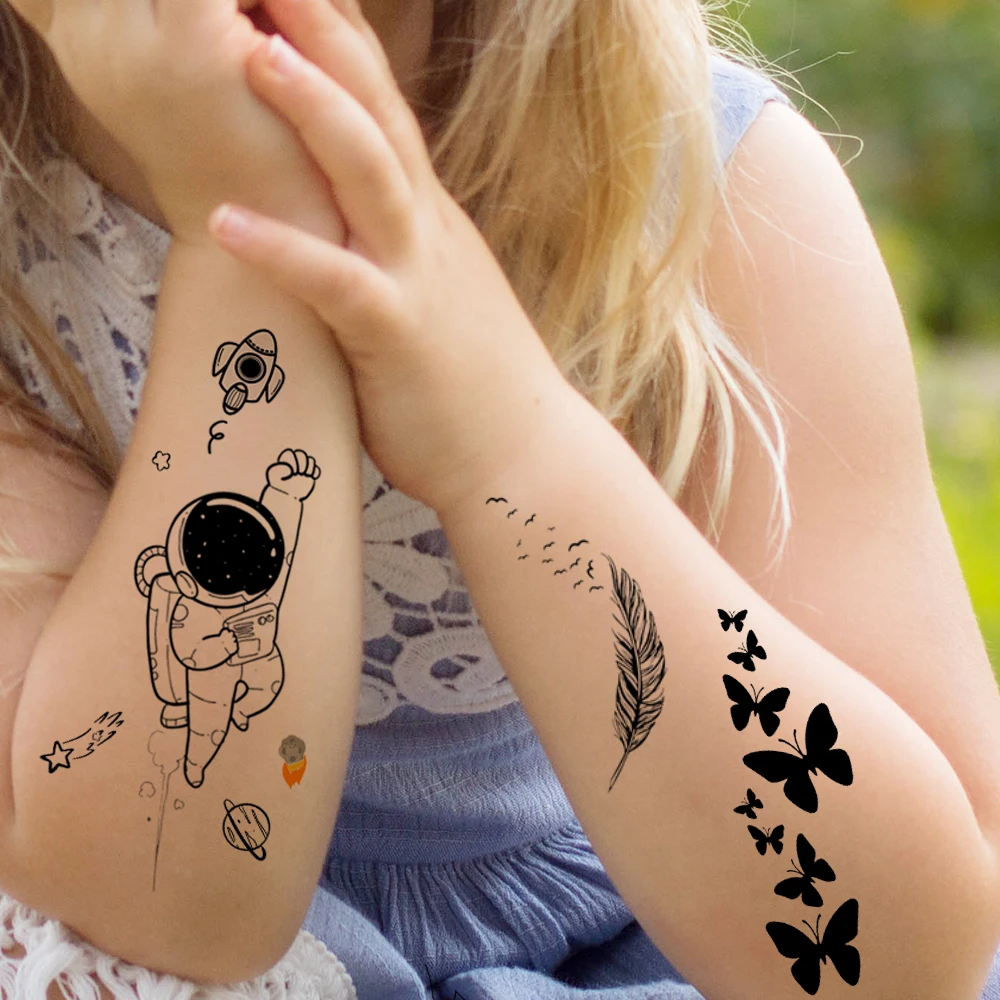 

Black Astronaut Planets Temporary Tattoos For Kids Girls Boy Baby Butterfly Feather Tattoo Sticker Fake Fun Tatoos Space Man