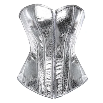 

Caudatus Faux Leather Sexy Zipper Overbust Corset Bustiers Showgirl Clubwear Burlesque Corselet Carnival Top Sequin Gold Sliver