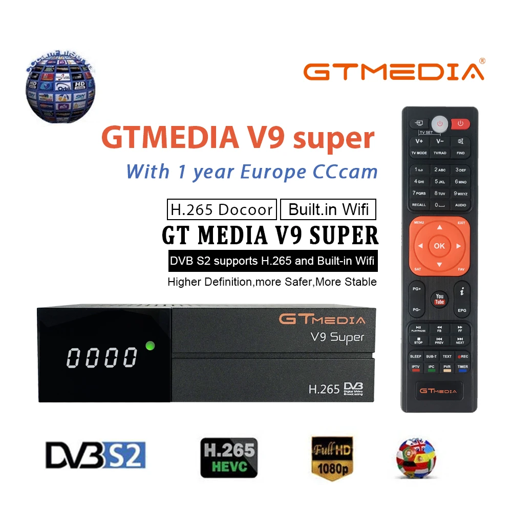 GTMedia V9 Супер Спутниковый ресивер DVB-S2 H.265 встроенный WiFi с 1 год Испания Европа Cccam GTmedia V8 NOVA V9 супер приемники