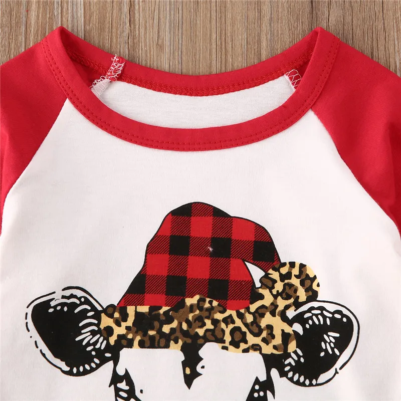 От 1 до 5 лет Рождественская одежда для малышей Одежда для маленьких девочек топы с принтом коровы, футболка комплект с красными клетчатыми расклешенными штанами, одежда для девочек