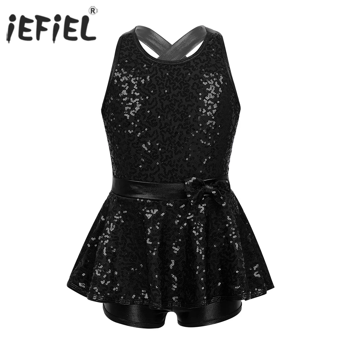 

Teen Girls Jazz Dancewear Sequined Criss Cross Back Bowknot Professional Ballet Dance Dress for Kids Gymnastics Leotard Dress