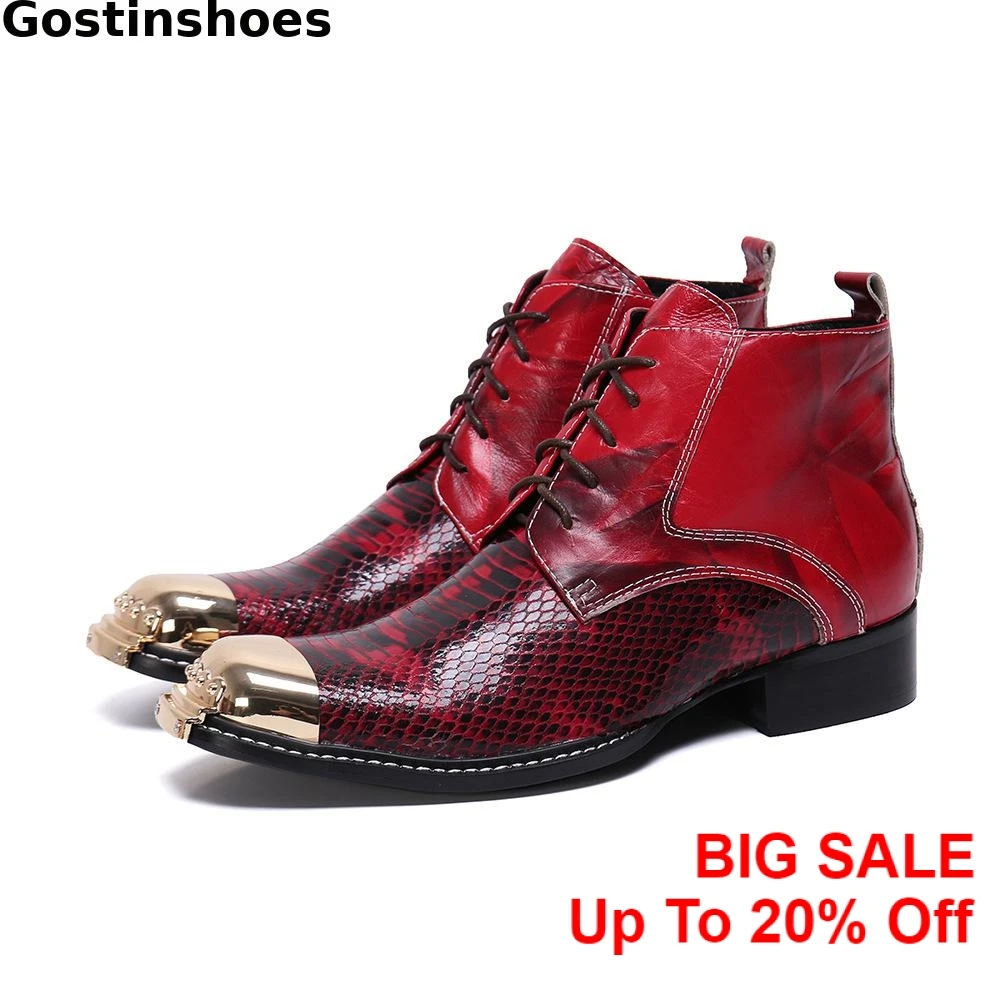 

Red Genuine Leather Snake Skin Printed Fashion Boots Lace Up Heigth Increased Metal Cap Toe Pointed Side Zipper Men Work Boots