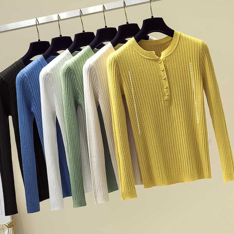 

Sexy Button Sweater Women Sweaters And Basic Knitted Pullover Jumper Autumn Winter Korean Style Women Sweater Yellow Blue Black