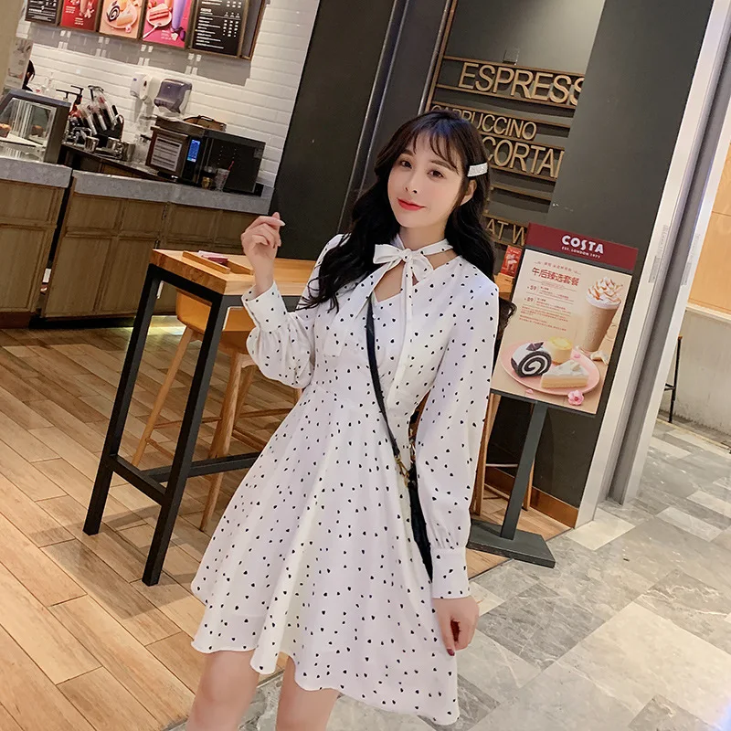

2019 Spring Clothing New Style Printed Chiffon Dress Women's Short V-neck French Retro High-waisted Skirt