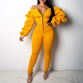 

Slim Fit Jumpsuits Rompers Off Shoulder Long Puff Sleeve Skinny Plus Size Bodycon African Ladies Sexy Jumpsuit Clubwear Long