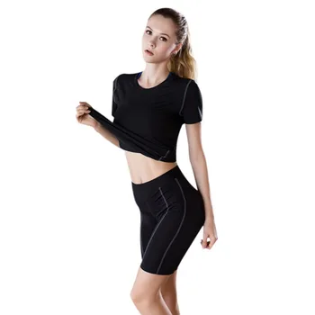 Fitness Women's Shirts Quick Drying T Shirt Elastic Yoga Sport Tights Gym Running Tops Short Sleeve Tees Blouses Solid color 2