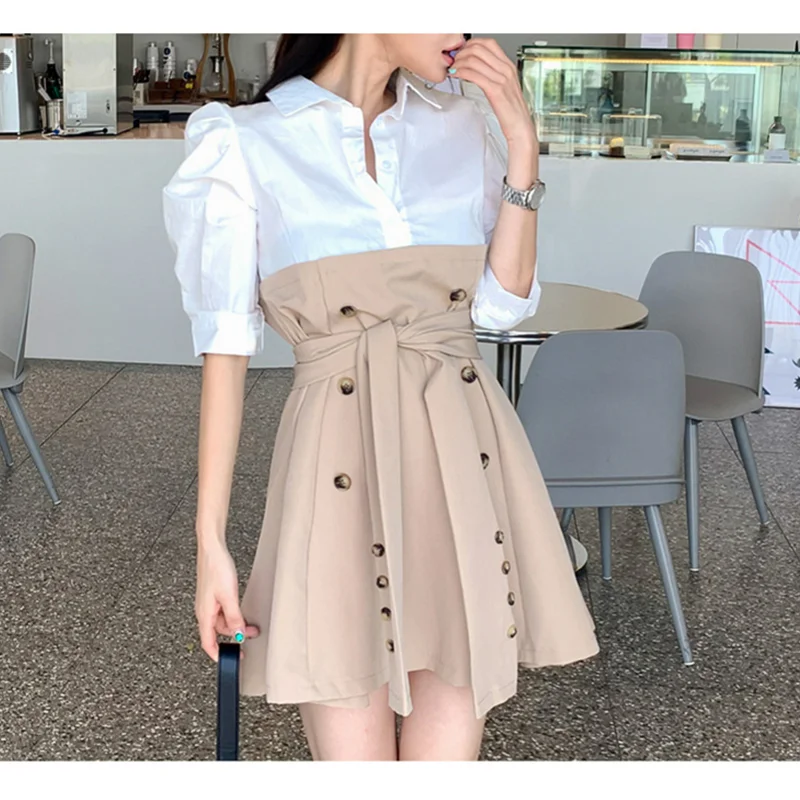 Summer Patchwork Women Dress Sashes Short Elegant Party Dress Office Lady Vestidos Korean Style High Waist Female Clothing Dress