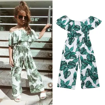 

Kids Baby Girl Overalls Off-shoulder Printed Green Leaf Romper Jumpsuit Sunsuit Summer Girls Clothes Outfits