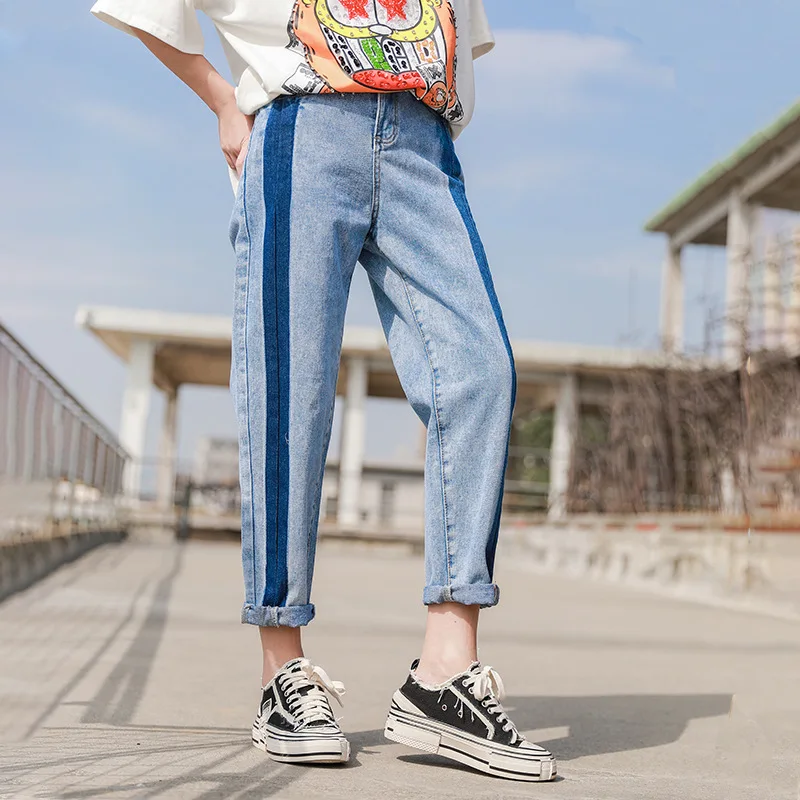 

2020 Denim Radish Pants Women's Autumn Loose High Waist Thin Straight Edge Color Matching Ankle-length Jeans Fashion Trousers