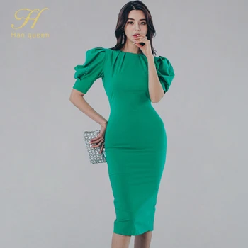

H Han Queen Elegant Slim Office Wear Pencil Dress Women Summer Green Bottoming Dresses OL Business Work Sheath Bodycon Vestidos