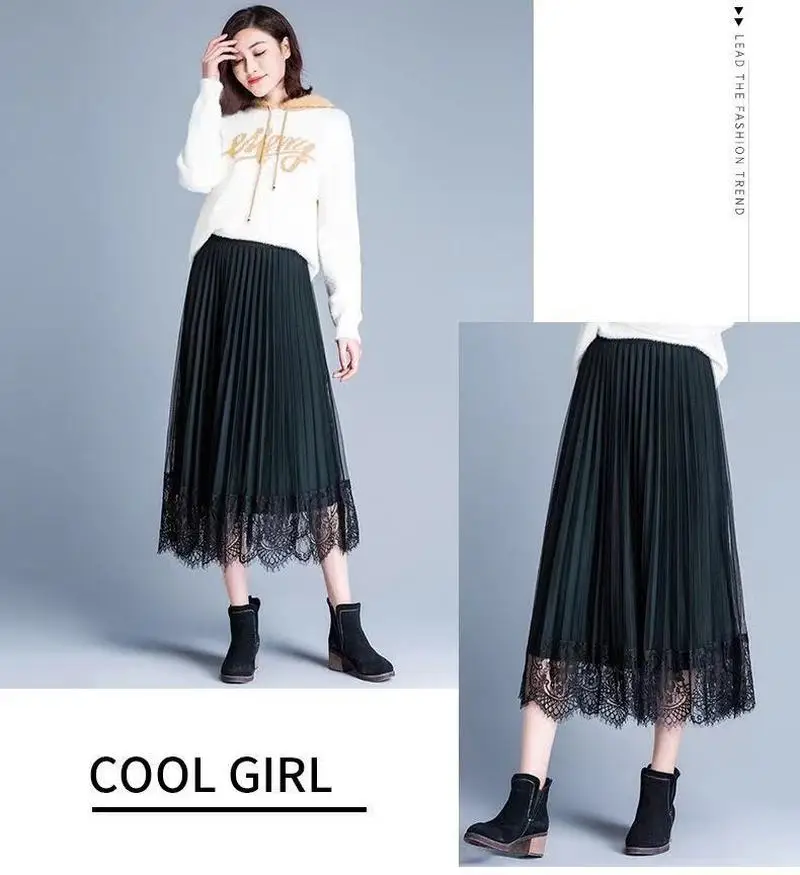 Winter new style double-sided wearing mesh pleated skirt skirt female Korean version of the long A-line skirt