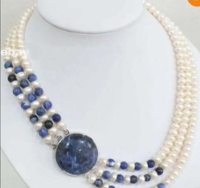 Jewelry Pearl Necklace 3 Rows Natural 7-8mm White Cultivation Pearl& Lapis lazuli Round Beads Necklace Free Shipping