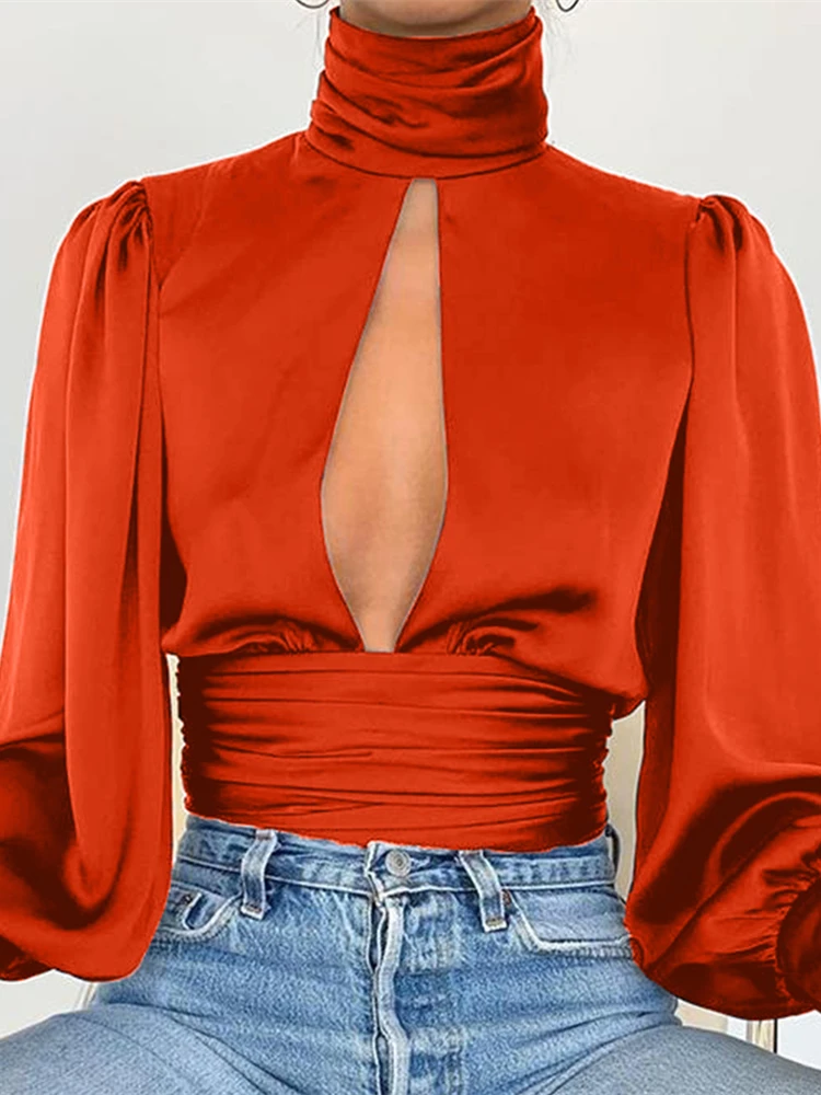 Autumn Women Elegant Fashion Basic Shirt Female Casual Party Sexy Blouse Keyhole Backless Long Lantern Sleeve Top - Color: Orange