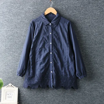 

2020 New Spring Women Shirt Japan Style Literary Fresh Turndown Collar Embroidery Solid Color Tops Cotton and linen Loose Blouse