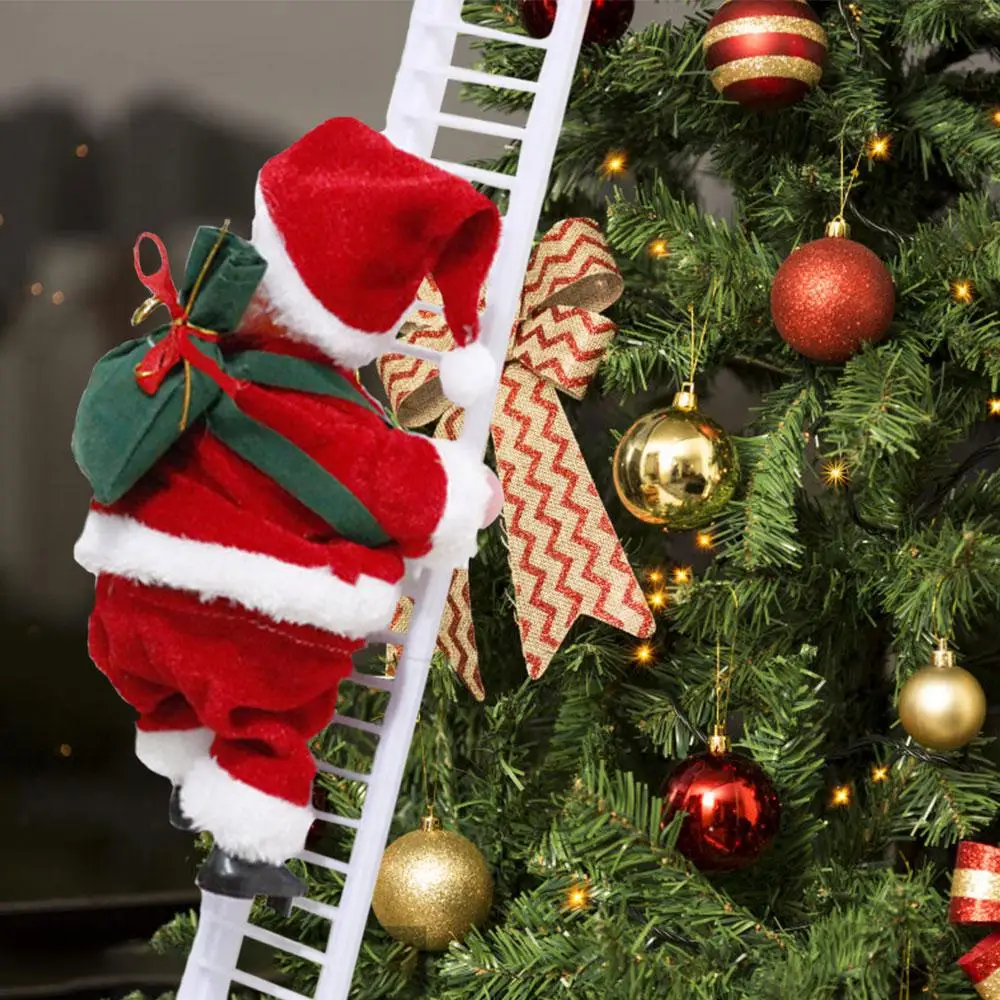 Electric Plush Climbing Ladder Santa Claus With Music Christmas Figurine Ornament Xmas Party DIY Crafts Festival Gifts