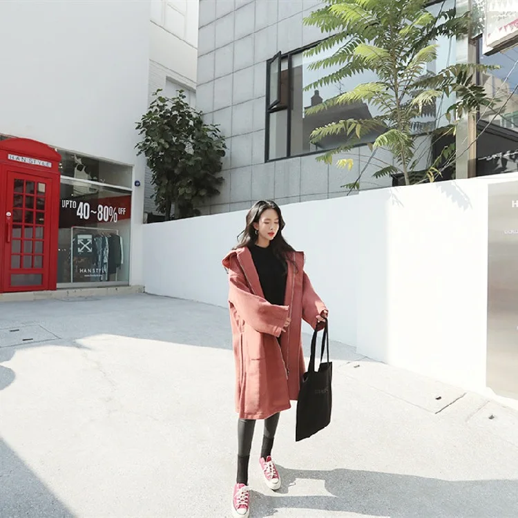 Южная Корея Dongdaemun осень и зима с капюшоном Дафлкот пальто женское выше колена с разрезом повседневное Свободное длинное пальто Тренч пальто La
