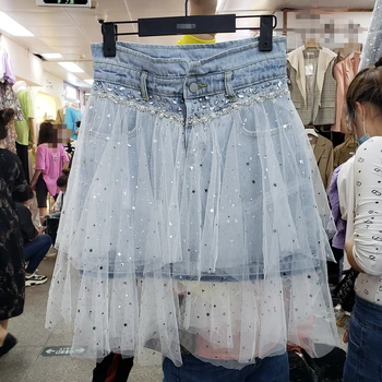 

Diamonds beading high waist denim skirts womens mesh patchwork irregular short women skirt summer 2020 new arrival
