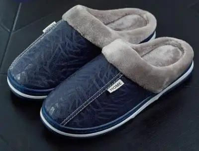 Большие размеры 50; мужские тапочки; Домашние кожаные зимние водонепроницаемые теплые домашние меховые женские тапочки; Мужская обувь для пар; тапочки больших размеров - Цвет: blue