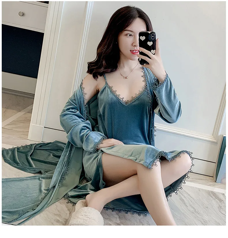 2PCS Robe Suit Velour Lady Kimono Bathrobe Gown Nightdress Velvet Lounge Autumn Winter Sleepwear Casual Sexy Warm Ngelihee