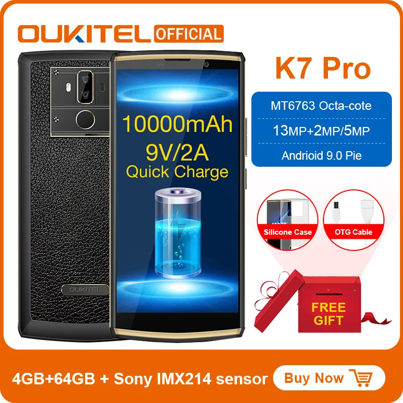 Смартфон OUKITEL K7 Pro Android 9 0 MT6763 восемь ядер 4 Гб ОЗУ 64 ПЗУ 6 дюйма FHD + 18:9 10000 мАч сканер