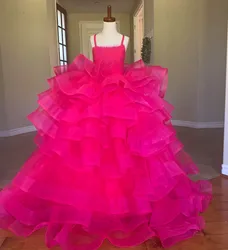 Fluffy Ball Gown Flower Girls Dresses For Wedding Straps Neck Kid First Communion Dress Princess New Pageant Prom Gown