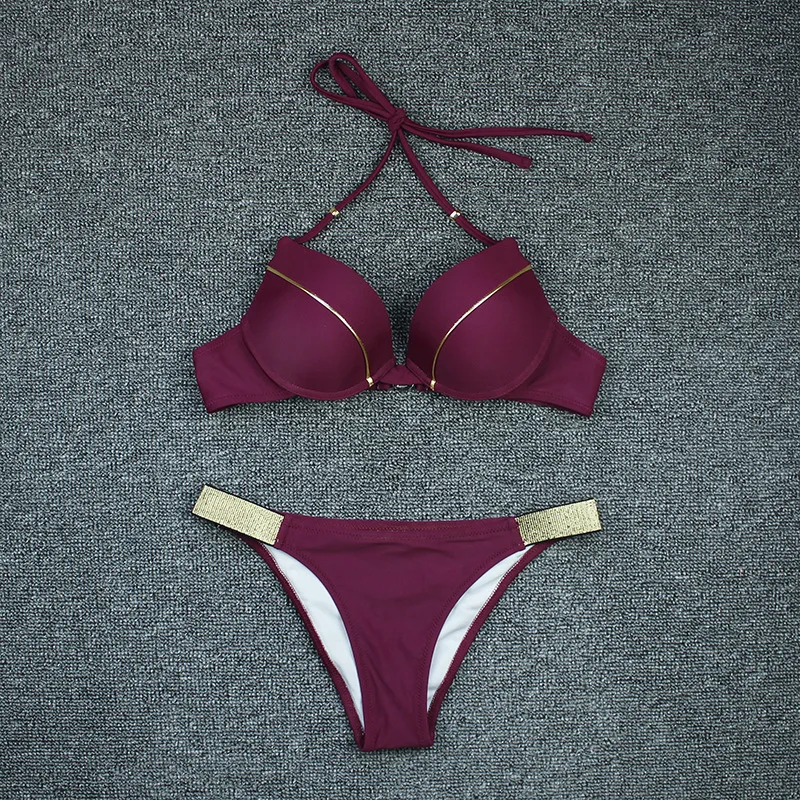 Sexy Push Up Bikini Set 2022 Leaf Print Swimsuit Bandage Women Swimwear Retro Bathing Suit Halter Biquini Maillot De Bain Femme