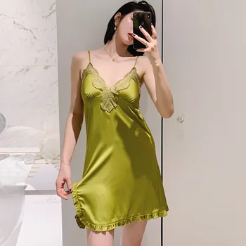 

Women's Sexy V-Neck Spaghetti Strap Lace Nightgrowns Silk Fabric Set Pyjamas Nightie Sleepwear сорочка женская ночная