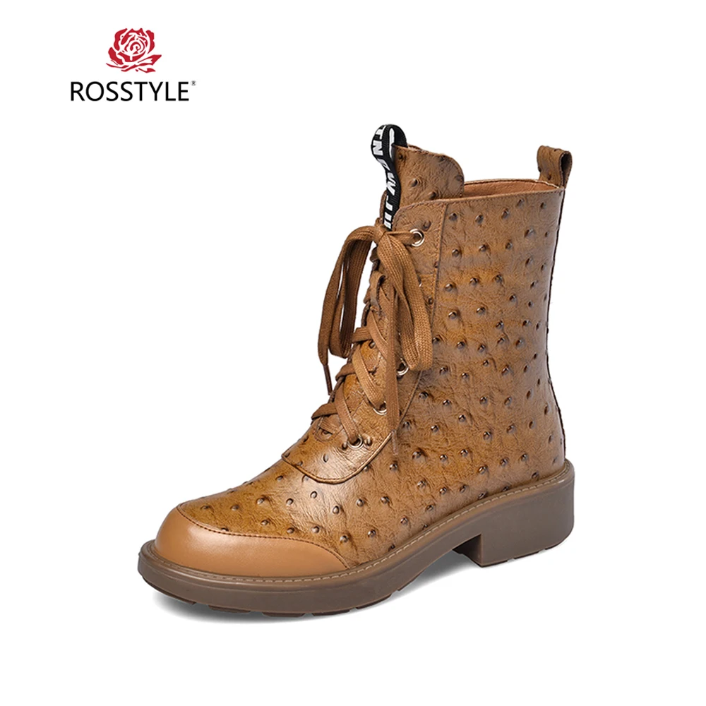 

ROSSTYLE Fashion Woman Riding Ankle Boot Luxury Genuine Leather Retro Round Toe Square Heel Shoes Solid Classic Zipper Soft Boot