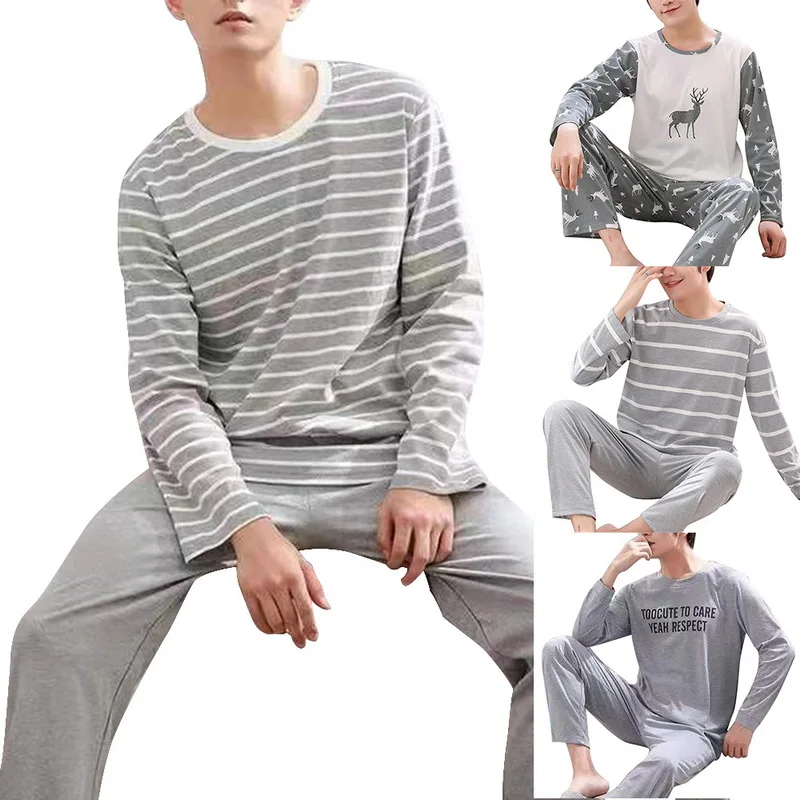 PUIMENTIUA Men Cotton Pajamas Sets Letter Striped Sleepwear Cartoon Pajama Sets Casual Sleep&Lounge Pyjamas Plus Size 2XL Pijama