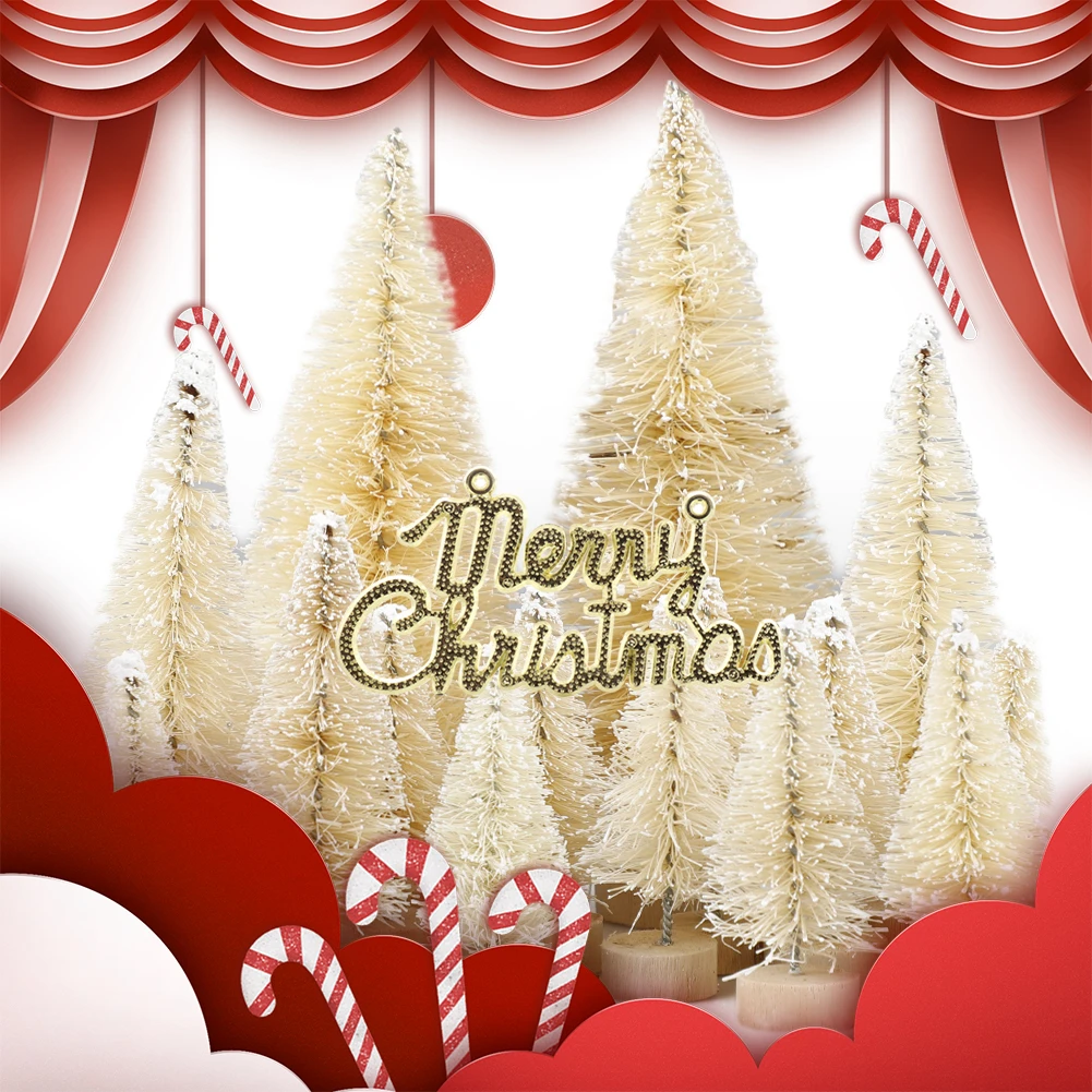 

49 Pcs Winter Snow Ornaments Tabletop Trees Decoration Multicolor Mini Pine Trees Frosted Sisal Trees with Wood Base Plastic