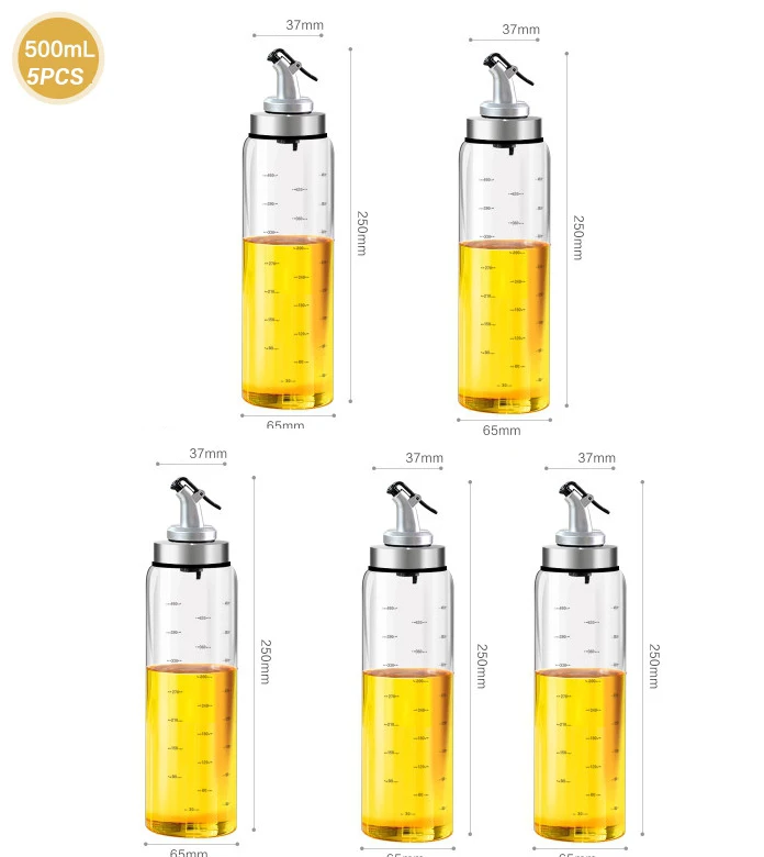 5PCS 500ML Диспенсер оливкового масла бутылки соус уксус приправа стеклянный контейнер кухня хранения инструменты для приготовления пищи аксессуары с градусной шкалой - Цвет: 5PCS 500ML