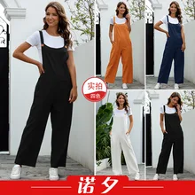 2021 Summer Women's Wear, Cotton Solid Color Retro Leisure Long Suspenders, Work Jeans, Denim Joggers Women Vintage Streetwear
