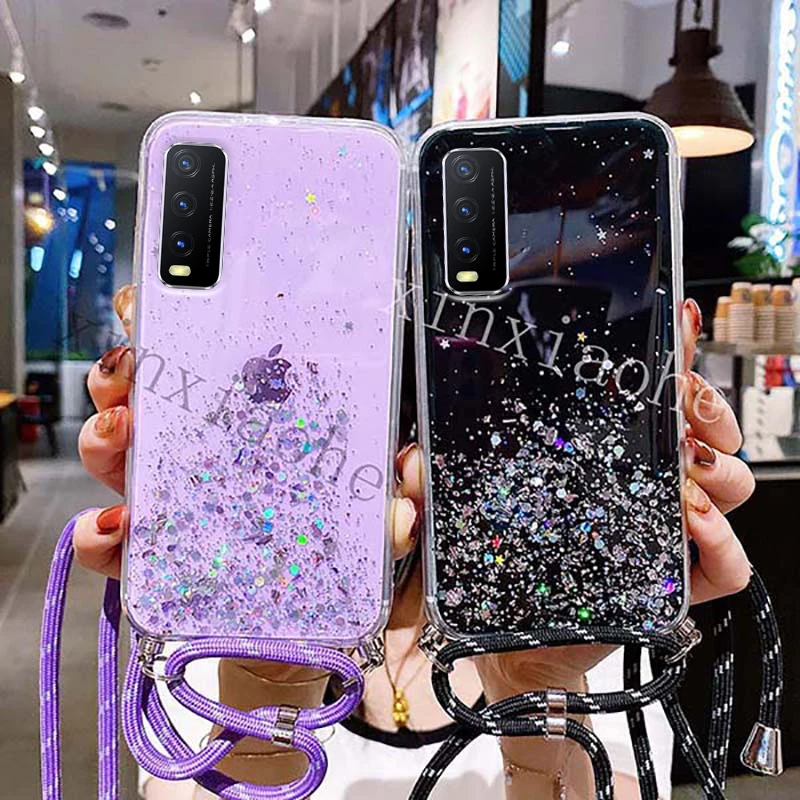 Phone case For VIVO Y11S Y20 Y20S Style Lanyard Bling Glitter Soft Tpu Transparent Cover | Мобильные телефоны и