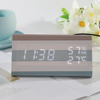 

LED Alarm Clock Bedroom Decor Ornaments Wooden Temperature Humidity Table Watches for Household Bedroom Accessory